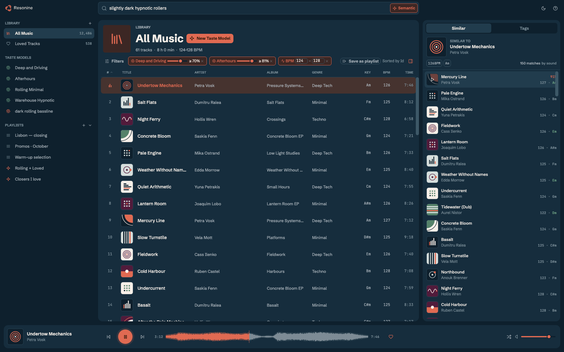 Resonine app window: All Music narrowed by two taste models and a BPM range